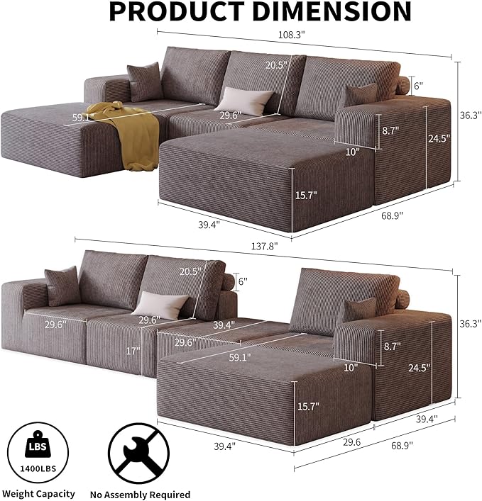 109 Modular Sectional Sofa with Ottoman - U Shaped Oversized Deep Seat Cloud Boneless Couch for Living Room Corduroy Fabric No Assembly Required (Brown 2 Ottoman)