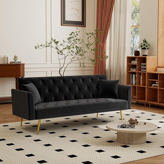 KEIKI 72 2Seat Velvet Sofa Couch for Urban Loft Home Office Style Conscious Urban Professionals Cozy Warm Perfect for Entertaining Relaxation Classic Refined Premium Design Black