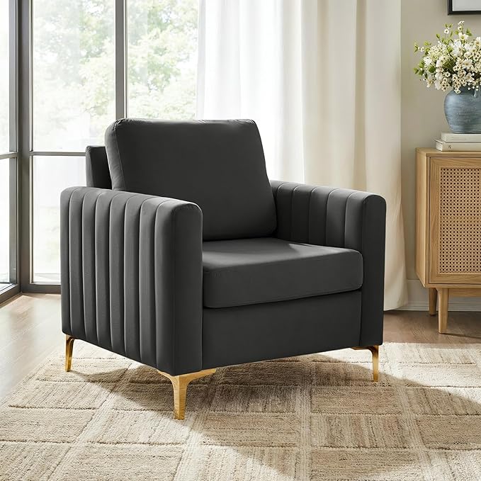 Modern Upholstered Velvet Accent Chair Velvet Armchair Club Chair with Gold Metal Legs Mid-Century Barrel Leisure Comfy Reading Chair for Livingroom BedroomGrey