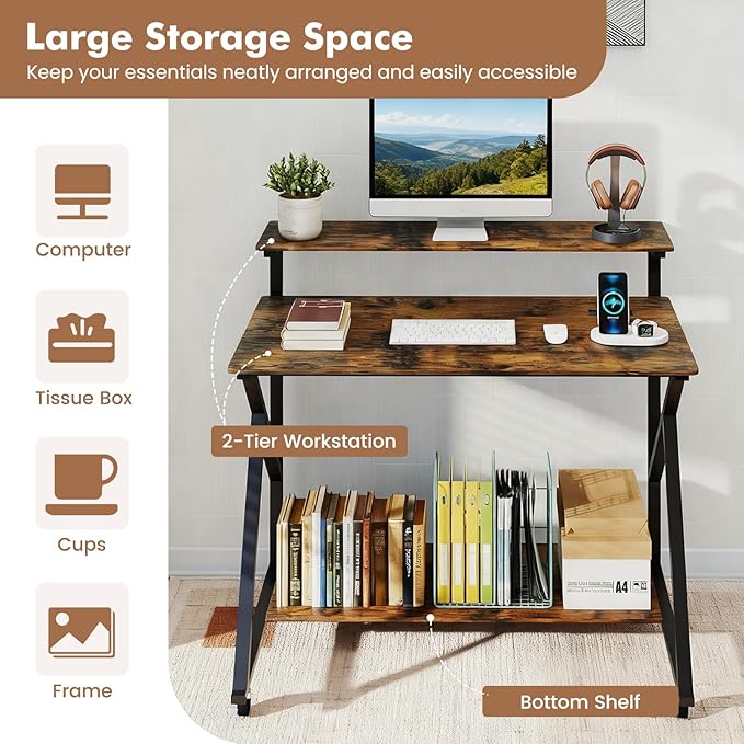 Giantex Rolling Computer Desk with Charging Station Mobile Portable Laptop Desk with Monitor Stand &amp Storage Shelf Small Desk with Lockable Wheels for Small Spaces Home Office (Rustic Brown)