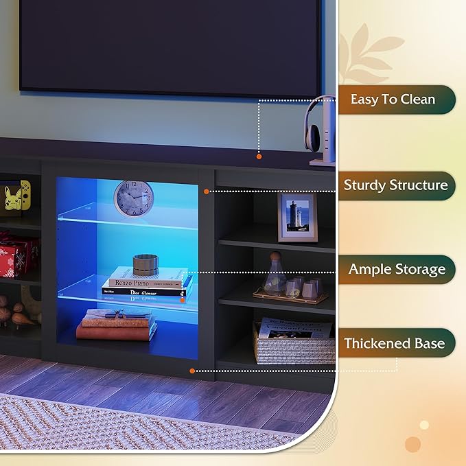 WLIVE Modern TV Stand for 65 Inch TV Entertainment Center with Adjustable Open Shelves &amp RGB LED Lights Sturdy Media Console for Living Room BedroomGaming (Black)