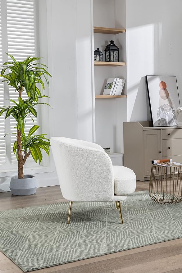 30.32 W Accent Chair Upholstered Curved Backrest Reading Chair Single Sofa Leisure Club Chair with Golden Adjustable Legs for Living Room Bedroom Dorm RoomIvory Boucle