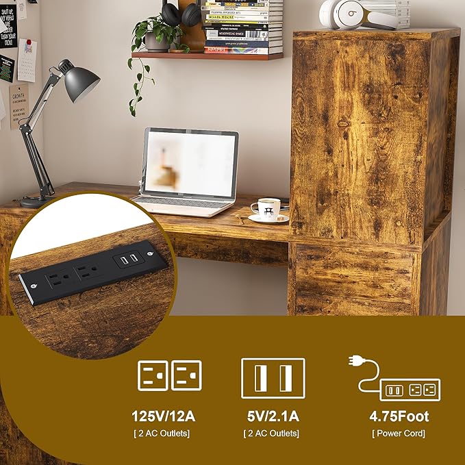 KEIKI Computer Desk with Hutch and 3 Drawers 4-Tier Storage Shelves Office Desk with Storage and Integrated 4-in-1 Charging Station Brown