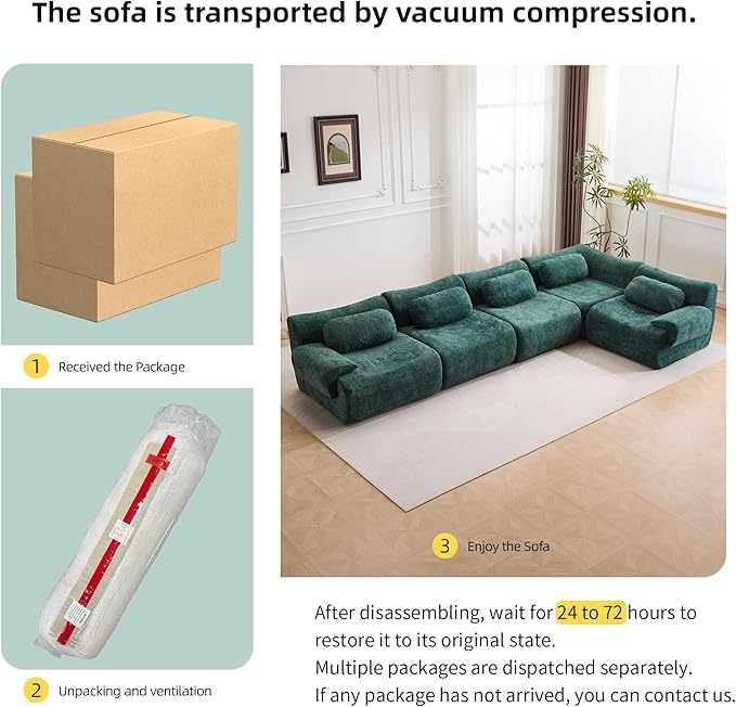 148.2 Boneless Couches for Living Room Set Cloud Modular Sectional Sofa in a Box Memory Foam Modern Couch Big Comfy Compressed Sofas L Shaped Couch with Corner Bedroom Apartment Dark Green