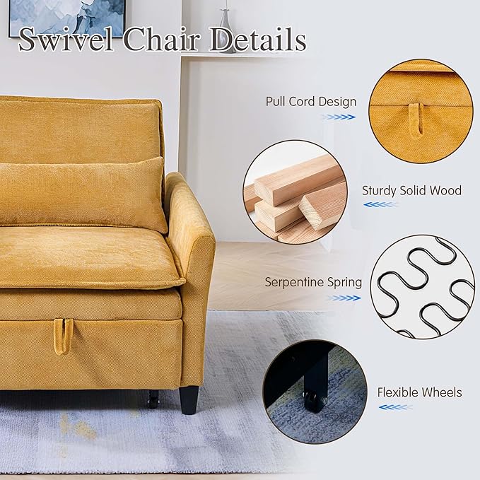 Sleeper Chair Pull Out BedChenille 3 in 1 Convertible Sleeper Couches Single Sofa Chair with Adjustable Backrest for Living Room Bedroom Small Spaces (Mustard Yellow)