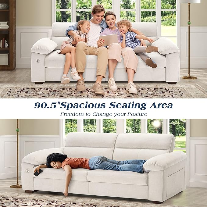 WorthFurni Sofas for Living Room Chenille Pillow-Armrest Loveseat Couch Set Small Sofa 3 Seater Sofa USB Charging Removable Sofa Cover Solid Wood Frame Easy to Install (90.5 inch Beige)
