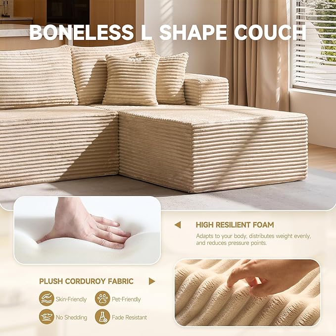 108 Modular Cloud Sofa High-Density Foam Sectional Couch Oversized Convertible L-Shaped Sofa Bed with Plush Fabric Deep Seats Wide Armrests Boneless Couches for Living Room Beige