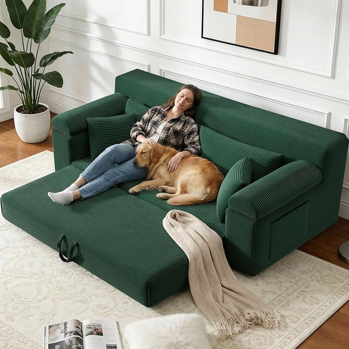 Folding Convertible Sofa Bed 78 Inch Corduroy Boneless Cloud Couch Futon Compressed Pull Out Loveseat Sleeper Bed Foldable Floor Mattress Sofa for Living Room Bedroom Green