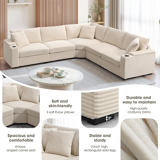 Merax 106 Corduroy Sectional Corner Sofa with Cup Holders &amp USB Charger 5 Seat Convertible L Shaped Couch Set with Armrest Storage Oversized Comfy Modular Sofabed for Living Room &amp Apartmen