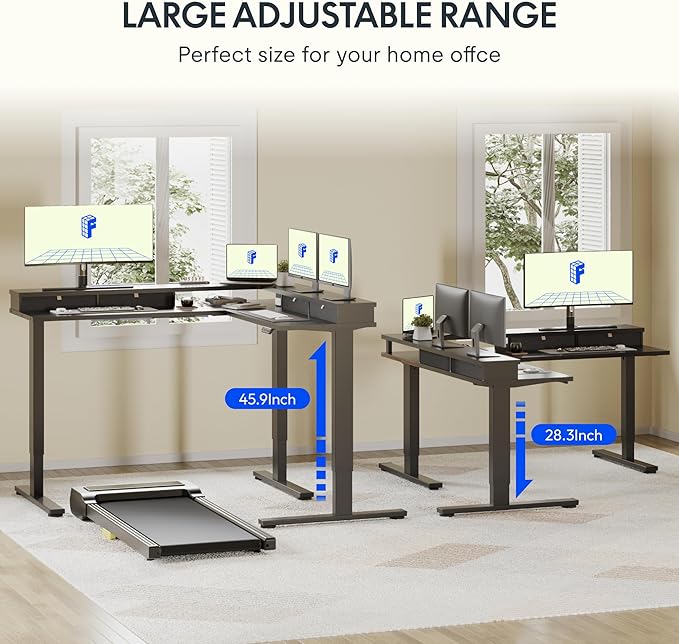FLEXISPOT 63 L Shaped Standing Desk Electric Corner Table with Monitor Shelf 4 Storage Drawers Adjustable Computer Workstation for Home Office Game Studio Black Top + Black Frame