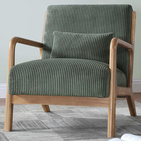 Midcentury Modern ChairWooden Green Accent Chair with PillowCorduroy Arm Chair for Living RoomBedroomSmall Rooms (Green)