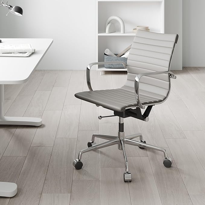 Mid Back Support with Arm Rest Office Ergonomic Adjustable Swivel Vegan Leather Desk Receptionist Chairs -Grey