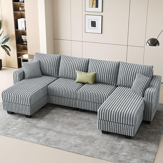 Belffin U Shaped Couch with Reversible Chaises Sectional Couches for Living Room Sectional Couch with Ottomans Corduroy (Light Grey U Shaped)