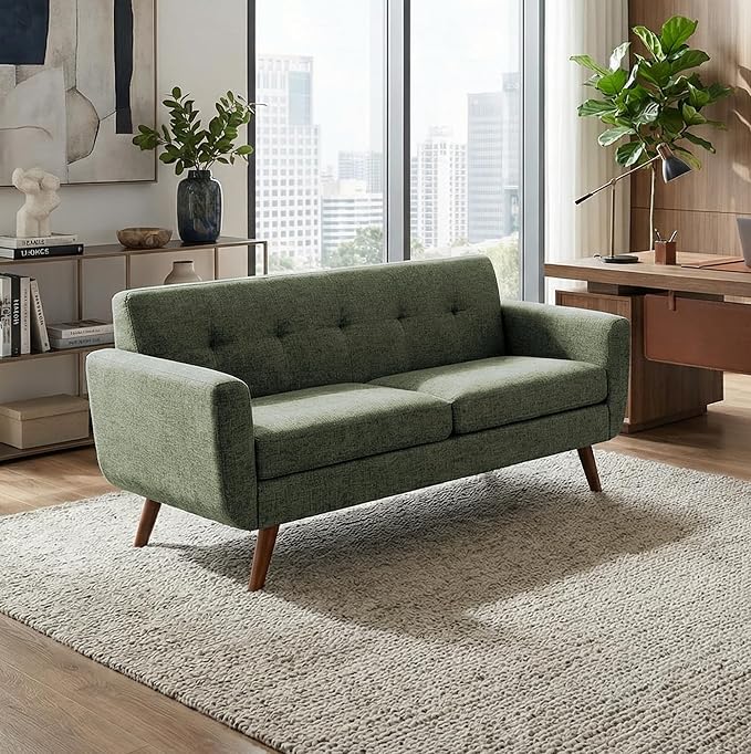 Tbfit Mid Century Modern Sofa Couch Loveseat &amp Standard Sofa Green | linen fabric button tufted solid wood foot pocket spring wood slats frame