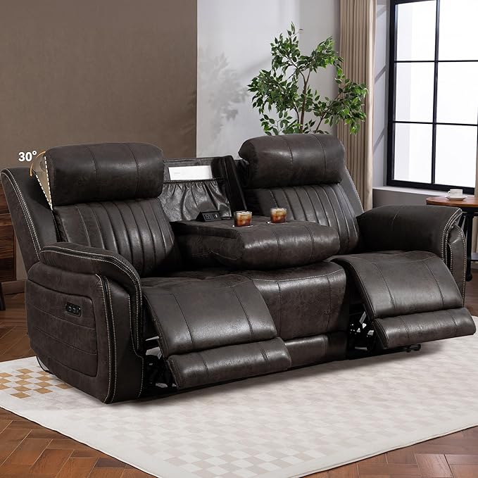 Zero Gravity Power Recliner Sofa Couch – Electric Reclining Sofa with Drop Down Table 3 Seater Dual Reclining Couch with Adjustable Headrests for Living Room (Foil Fabric Brownish Gray)