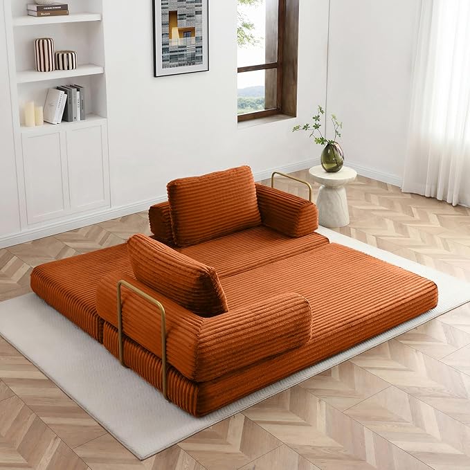 80 Inch Convertible Sleeper Sofa Bed with High Backrest Plush Corduroy Boneless Folding Floor Mattress Couch Bed with Fixed-Shape Frame Futon Loveseat No Assembly Required Orange