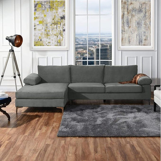 Casa Andrea Milano Modern Large Velvet L-Shape Sectional Sofa with Extra Wide Chaise Lounge Couch