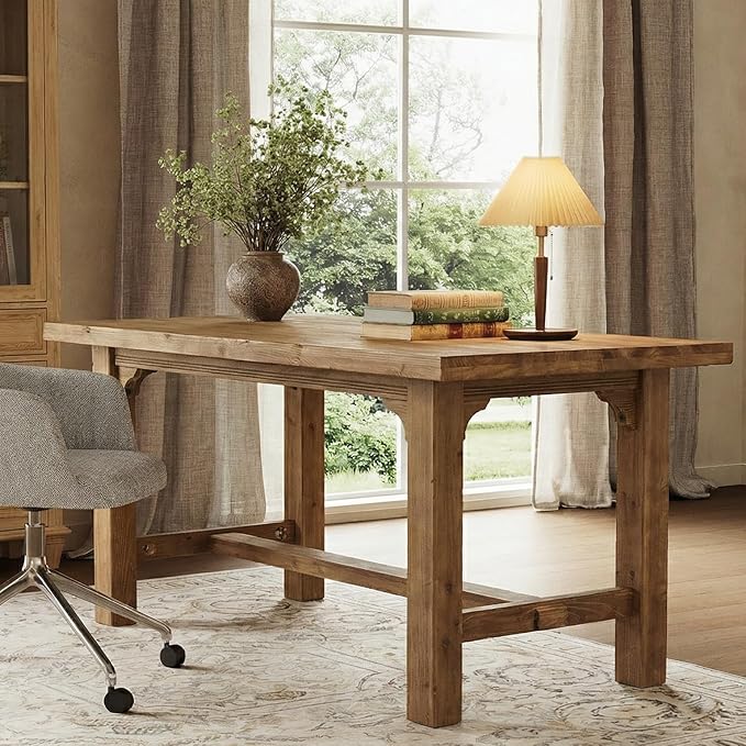 63‑Inch Executive Desk Solid Wood Computer Workstation for Home Office Large Office Desk with Foot Bar Farmhouse Writing Table in Brown