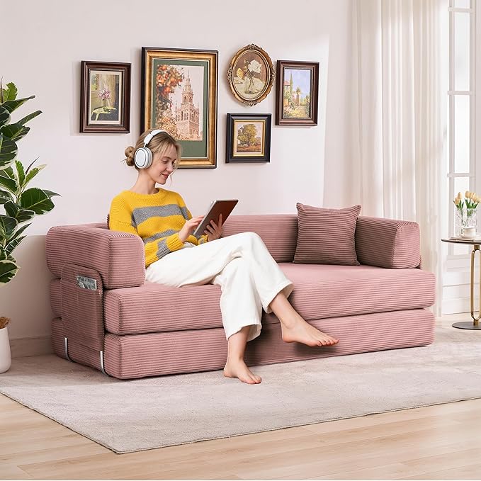 Convertible Sleeper Sofa Bed 78.8 Floor Sofa Bed 5-in-1 Folding Mattress Couch Loveseat with Fixed-Shape Frame Pillow Corduroy Fabric for Living Room Bedroom Lounge (Pink)