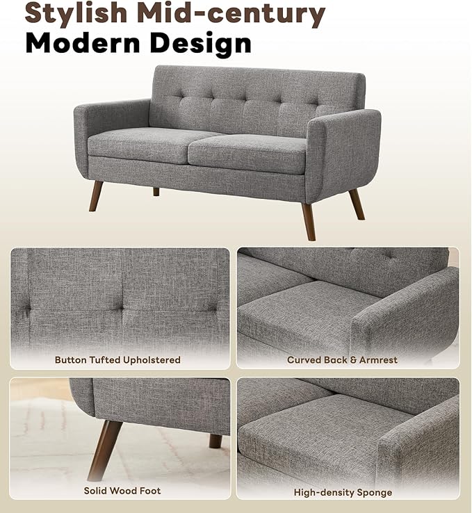 Tbfit 65 W Loveseat Sofa with Ottoman Coffee Table Mid Century Modern Love Seat Couches for Living Room Button Tufted Upholstered Small Couch for BedroomEasy to Install Love Seats Furniture Gray