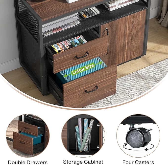 Tribesigns Modern File Cabinet with Drawers for Letter-Sized File and Door Lockable lateral Filing Cabinet Printer Stand with Storage Shelves and with Rolling Caster for Home Office (Dark Walnut)