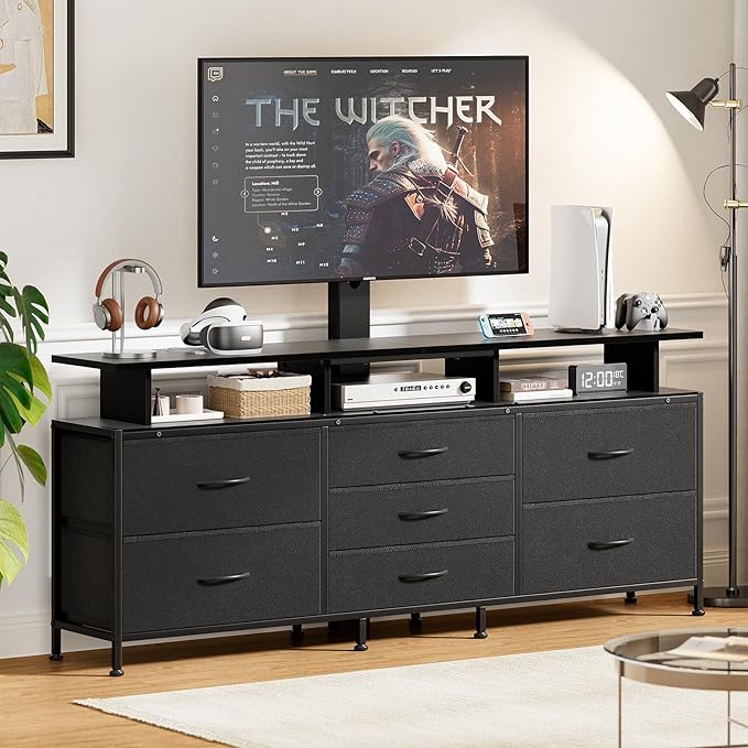 REAHOME TV Stand with Mount 63 Entertainment Center for 32/45/55/60/65/70 inch TVs Media Console Table with 7 Drawers Height Adjustable Mount Dresser TV Stand for Living Room Carbon Fiber Black