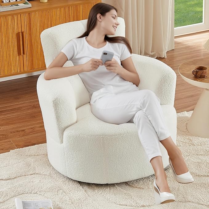 Swivel Accent ChairBedroom Barrel Chairs with Seat CushionModern 360° Soft Berber Fleece Fabric Circle Chair with Adjustable Headrest for Living Room(Cream)