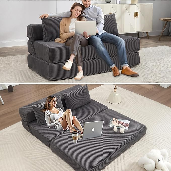 55 Convertible Folding Sofa Bed with 2 Pillows Corduroy Foldable Sleeper Sofa for Adult Floor Couch Bed for Living Room Bedroom No Assembly (Grey)