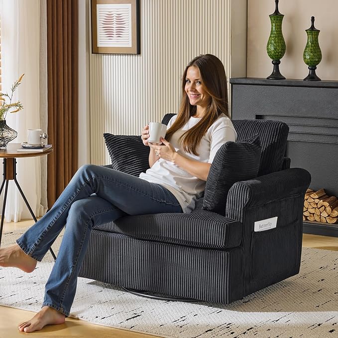 Karl home 39 Swivel Accent ChairOversized Seat Armchair W/2 Pillows and 4 PocketsModern Upholstered Corduroy Barrel ChairsComfy Single Sofa for Living RoomReadingBedroom and Office -Black