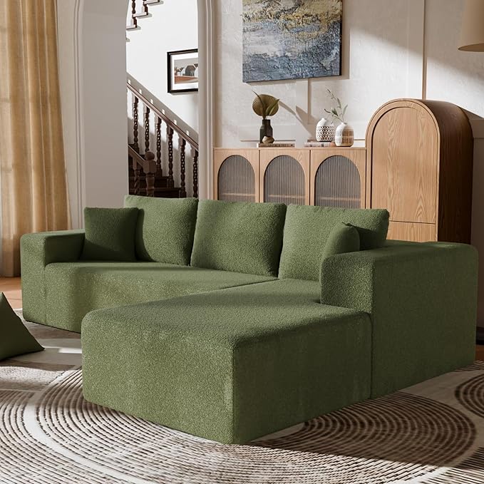 106 Modular Sectional Sofa Green Wool Cloud Couch with Left Chaise Deep Seat Boneless Floor Sofa for Living Room High-Resilience Foam Support No Assembly Required Includes Pillows | Sectional So