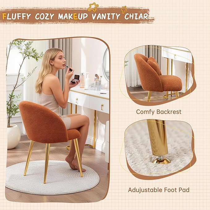 Vanity ChairAccent Makeup Comfy Cute Desk Girls Fluffy Chairs for Bedroom No Wheels Gold Metal Legs Stool (Teddy Brown)