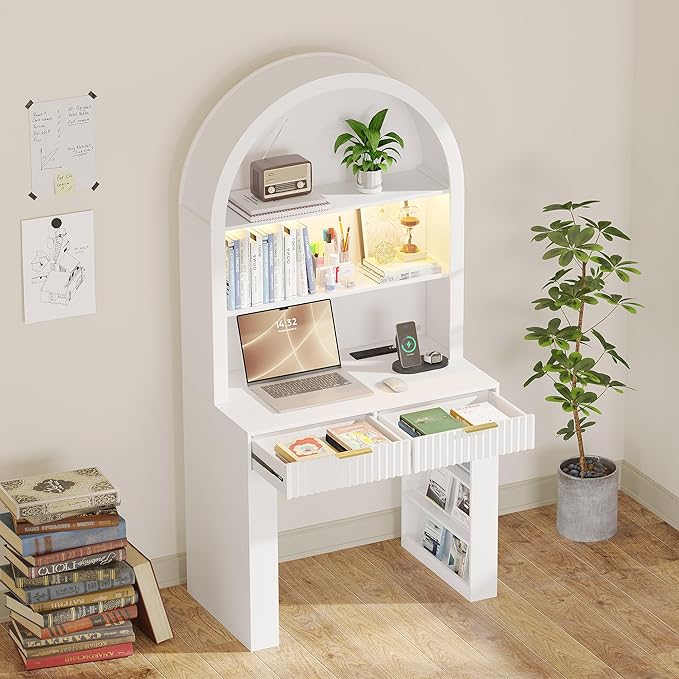 Arched Desk for Home Office Computer Desk with 2 Drawers &amp Hutch Wood Writing Desk with Power Outlets 3 Color LED Lights Side Open Shelves Modern Fluted Design 35.4 W x 70.8 H (White)