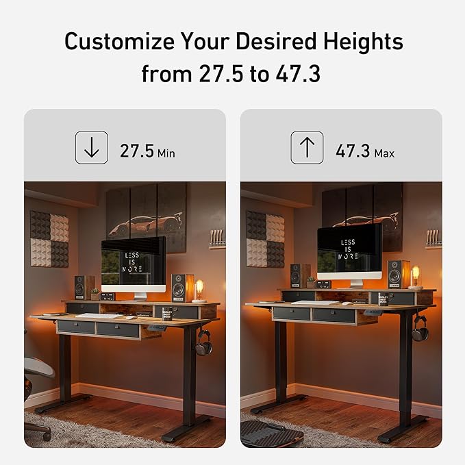 FEZIBO 48'' x 24'' Electric Standing Desk Adjustable Height with 4 Drawers Home Office Stand Up Table with 4 Height-Adjustable Feets &amp 2 HooksRustic Brown Top