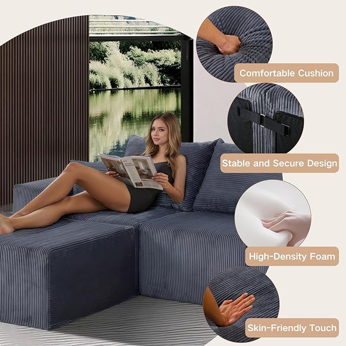 155 Oversized Cloud Boneless Couches for Living Room U-Shaped Modular Sectional Sofa with Deep Seat 8 Seater Boneless Couch with Ottoman &amp Pillows Corduroy DIY Combination Modular Couch Grey