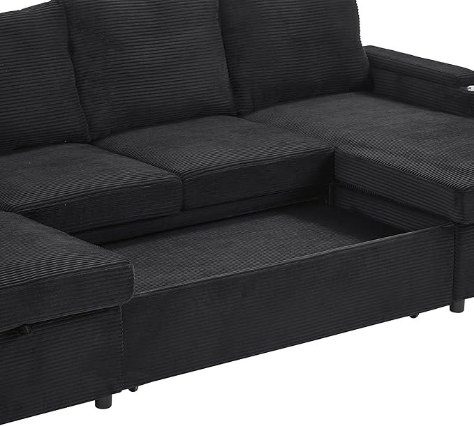 109.5 Sectional Sofa Convertible Pull-Out Sofa Bed with 2 Storage Chaise Lounges and Cup Holders Chenille Fabric U-Shaped Couch with Storage Boxes &amp USB Ports for Living Room (Black-9.19)