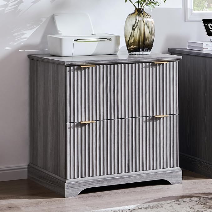 JXQTLINGMU 2 Drawer File Cabinet with Charging Station 30 Fluted Lateral File Cabinet w/Files Hanging Rod for Letter/Legal/A4 Large Tabletop for Printer Office Wood Printer Cabinets Grey