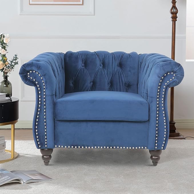 LEVNARY Velvet Chesterfield Chair Mid-Century Modern Single Sofa Chair with Button Tufted Backrest and Nailhead Decor Tufted Upholstered Rolled Armchair for Home Bedroom Reading Room (Blue)
