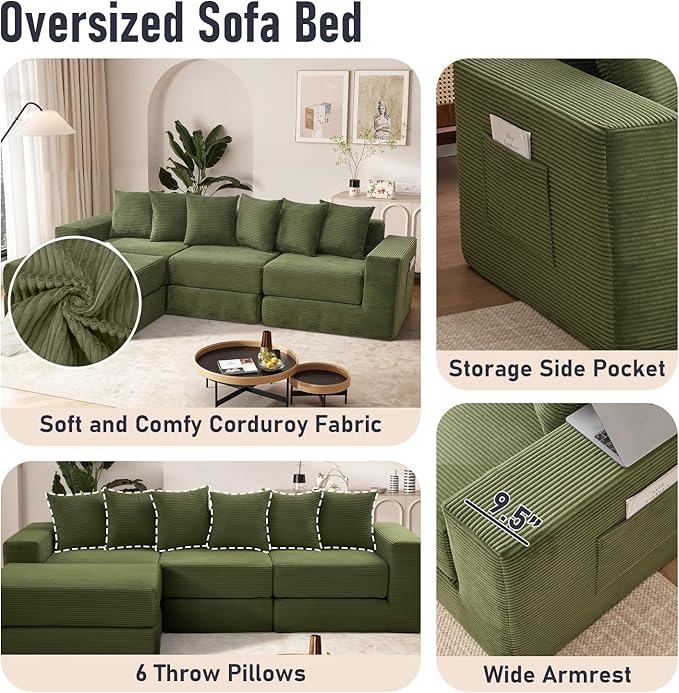102 Upgraded L-shaped Modular Sectional Couches for Living Room Convertible Oversized Sleeper Sofa Bed-Luxury 1.5 Queen Bed. 11-in-1 Multifunctional Corduroy Boneless Folding Futon Couch Green.