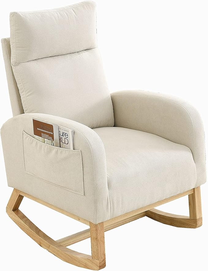 27.6 Inch Wide Modern Large Rocking Chair for Adults Oversized Rocker Chair with High Backrest Portable Rocking Chairs for Living Room Lounge Gentle Rocking Armchair with Side PocketsBeige-Teddy