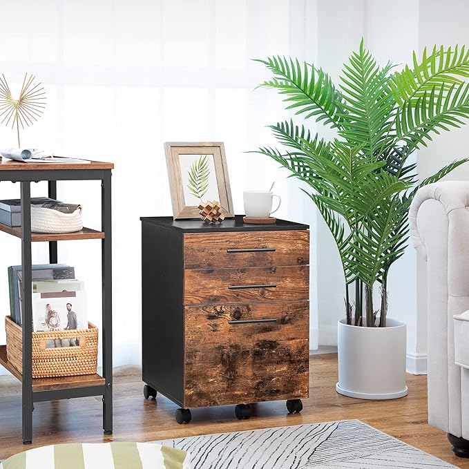 HOOBRO 3-Drawer File Cabinet Wooden Under Desk Filing Cabinet fits A4/Letter Size for Home Office Small Rolling Storage Drawer Chest Printer Stand with Drawers Rustic Brown and Black BF02WJ01G1