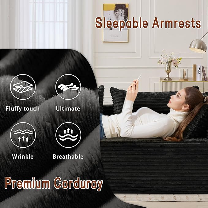 110 L-Shaped Modular Sectional Sofa with Chaise Boneless Comfy Corduroy Fluffy Couch with Deep Seat and Side Pockets Flexible Module Combination for Living Room No Assembly Side Pockets