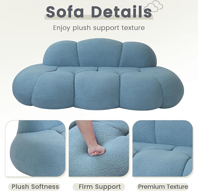 WJShome 90 Boucle Sofa Modern Curved Upholstered Cloud Couch Deep Seat LoveSeat 3 Seater Sofa Cozy Modern Boneless Sherpa Fleece Couches for Living Room Bedroom Apartment (Blue)