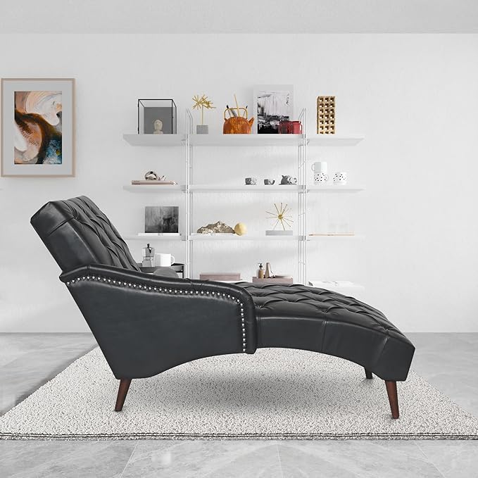 Luxury Indoor Recliner Chair with Pillow &amp Wooden Legs - Tufted Back &amp Arms PU Leather Lounge Chair for Living Room/Bedroom (Black)