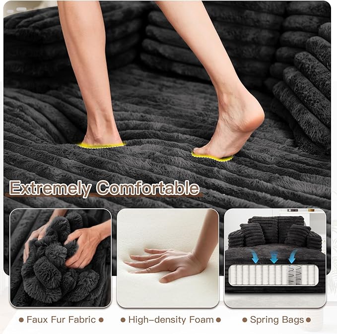 56 Oversized Chaise Lounge Chair IndoorPlush Faux Fur Sleeper Sofa Couch Bed with Pillows&ampWide ArmrestsFluffy Comfy Cloud CouchCompression Foam Couch for Living RoomBedroom(Black)