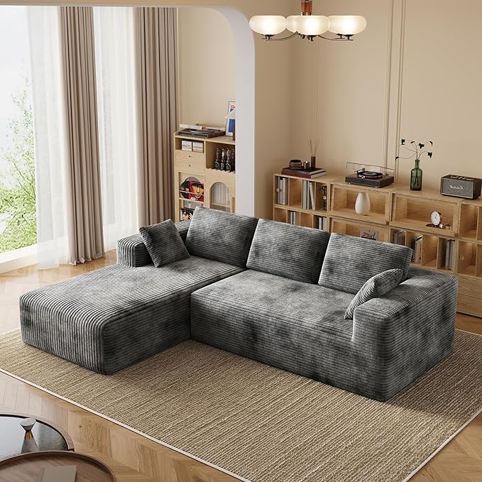 106 Corduroy Sectional Couch Boneless L Shaped Couch with Deep Seat Cloud Foam Sofa with Oversized Chaise Sectional Sofa No Assembly Needed for Living Room