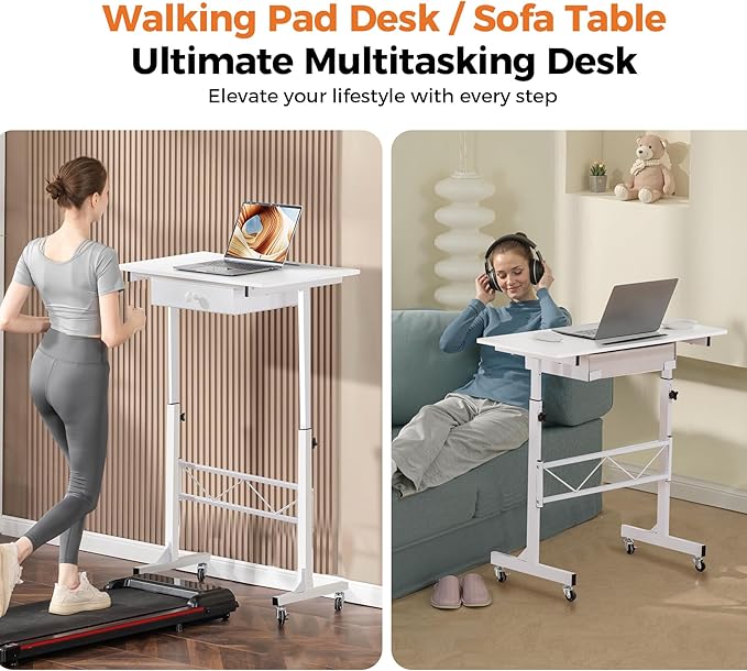 GTPLAYER Small Mobile Standing Desk 32In Wide Adjustable Height Stand Up Desk for Home Office Portable Sit Stand Rolling Computer Desk with Wheels Storage Drawer and Slot Carbon Fiber Style White