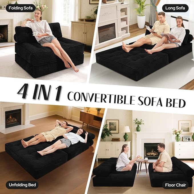 HABUTWAY Folding Sofa Bed Foldable Floor Sofa Lounge w/Dual-Pillow &amp Handle Convertible Sleeper Chair Bed w/Back Support for Living Room Bedroom Apartment Office Black Full