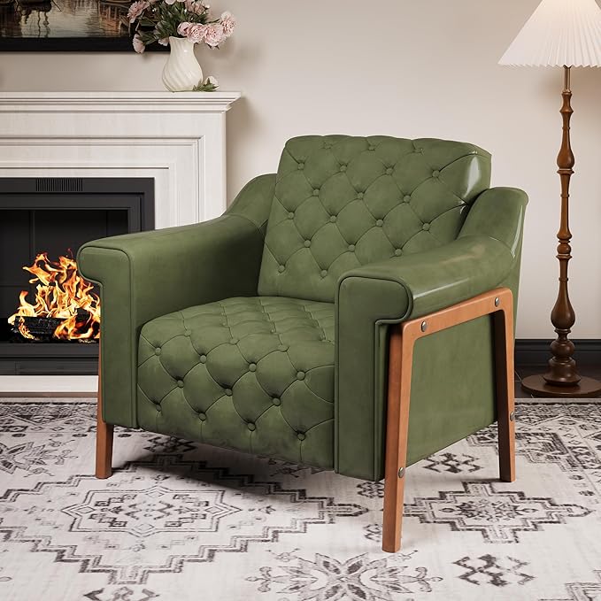 EJUNQ Cozy Accent ChairPU Leather Modern Living Room ChairsMid-Century Office Reading ChairSingle SofaArmchair for Bedroom Apartment Waiting Room(Green)