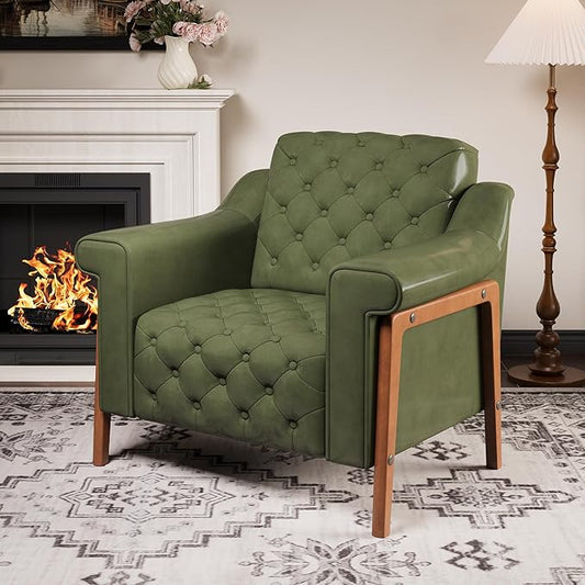 EJUNQ Cozy Accent ChairPU Leather Modern Living Room ChairsMid-Century Office Reading ChairSingle SofaArmchair for Bedroom Apartment Waiting Room(Green)