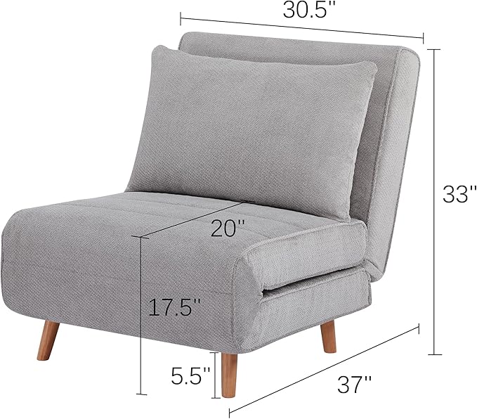 31 Convertible Sleeper Chair 3-in-1 Foldable Chair Bed with Pillow 3-Position Adjustable Backrest Single Sofa Bed for Apartment Office Light Gray